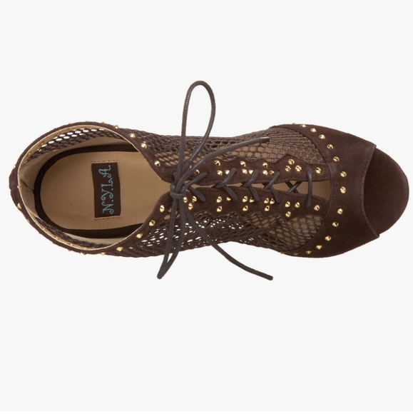 N.Y.L.A. mesh and gold studded leather peep toe bootie in brown NIB - Picture 5 of 8